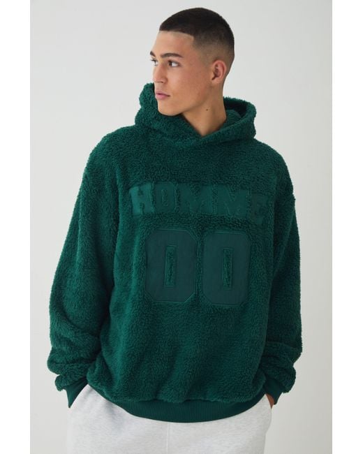 BoohooMAN Green Oversized Varsity Applique Teddy Borg Hoodie for men