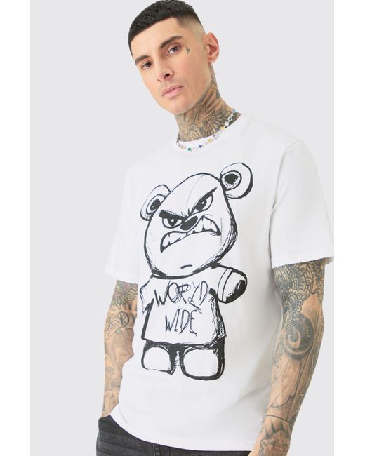 BoohooMAN Tall Oversized Evil Teddy T-shirt In White for men