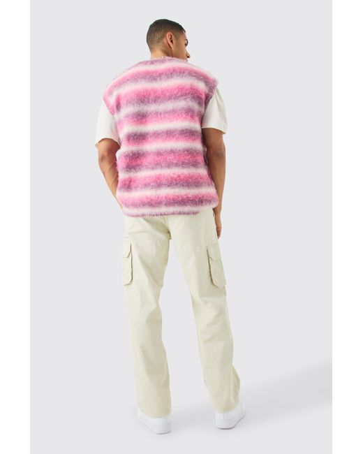 BoohooMAN Pink Regular Knitted Brushed Stripe V Neck Tank for men