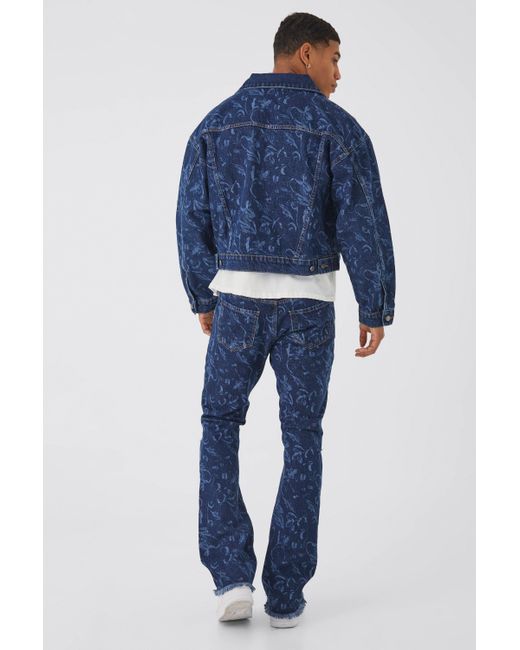 BoohooMAN Blue Boxy Fit Zip Through Laser Print Denim Jacket for men