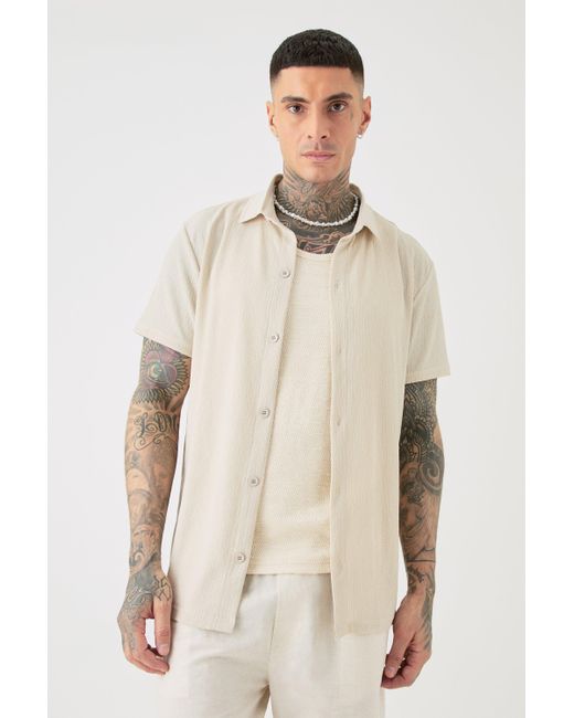 BoohooMAN Natural Tall Short Sleeve Regular Textured Shirt In Stone for men