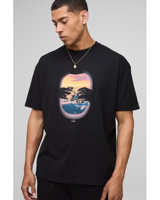 BoohooMAN Schwarzes Oversize T-Shirt mit MAN Sunset Print in Black für Herren