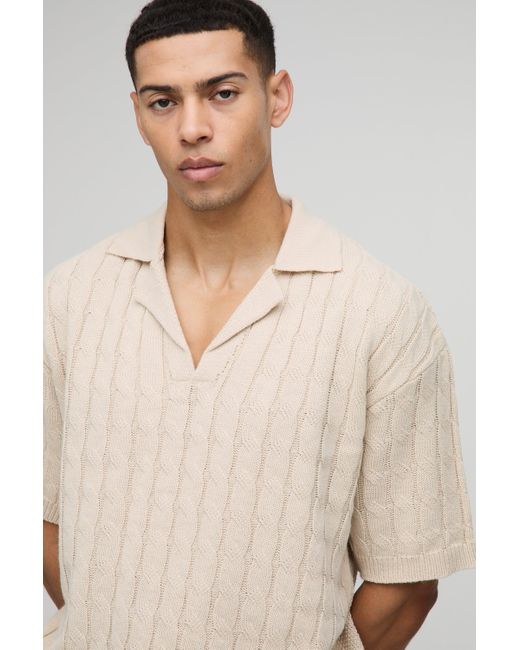 BoohooMAN Kastiges Oversize Zopfmuster-Poloshirt mit Kragen in Natural für Herren