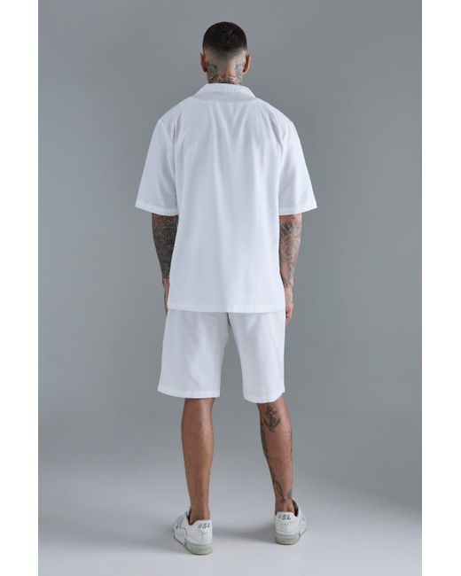 BoohooMAN Gray Tall Drop Revere Linen Shirt & Short Set In White for men