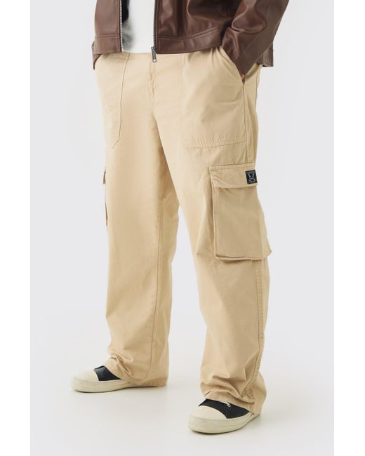 BoohooMAN Natural Plus Fixed Waist Branded Relaxed Fit Cargo Trousers for men