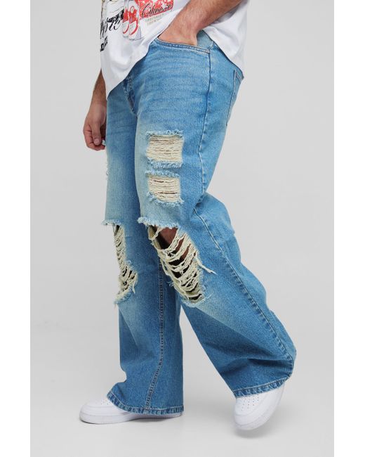 BoohooMAN Plus lockere zerrissene Jeans in Blue für Herren