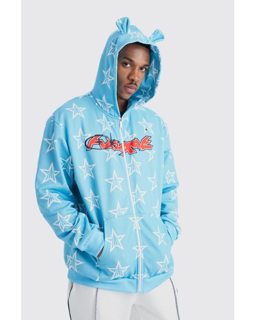 Boohoo Oversized Bear Ears Printed Zip Through Hoodie in Blue Lyst