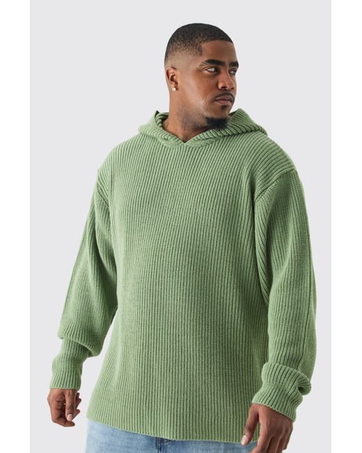BoohooMAN Green Plus Boxy Oversized Knitted Hoodie In Sage for men
