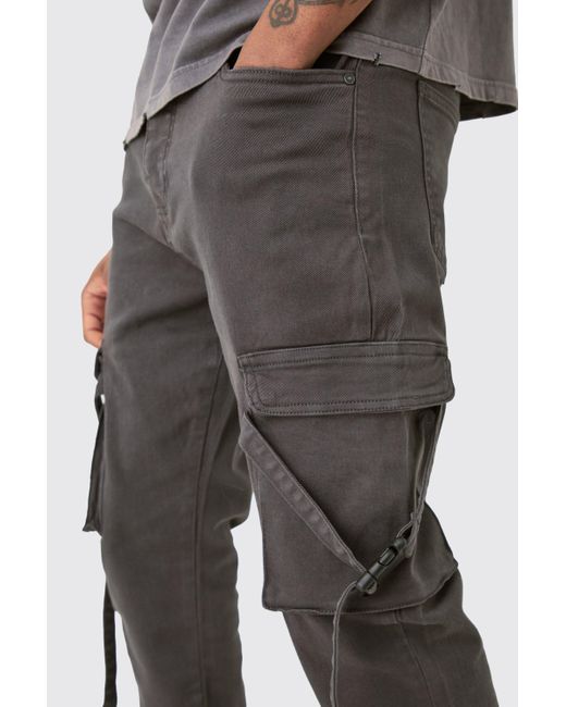 BoohooMAN Gray Tall Fixed Waist Slim Stacked Flare Strap Cargo Pants for men
