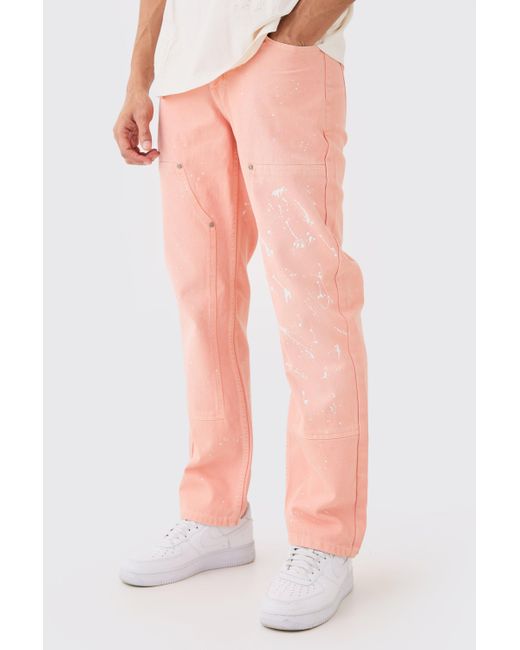 BoohooMAN Pink Relaxed Rigid Carpenter Paint Splatter Overdyed Jeans for men
