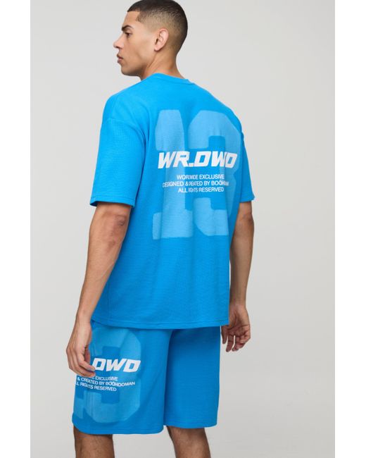 BoohooMAN Blue Oversized Waffle 13 Printed T-shirt And Short Set for men