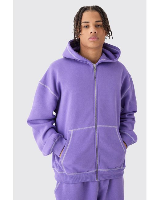BoohooMAN Purple Oversized Contrast Stitch Zip Through Hoodie for men