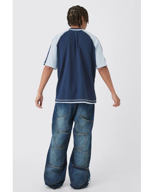 BoohooMAN Blue Extreme Baggy Rigid Multi Pocket Denim Jean In Antique Wash for men