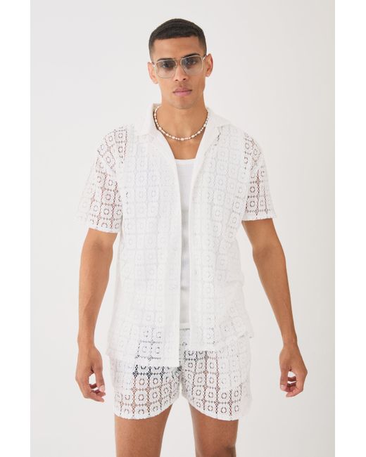BoohooMAN Oversized Open Weave Lace Shirt & Short in White für Herren