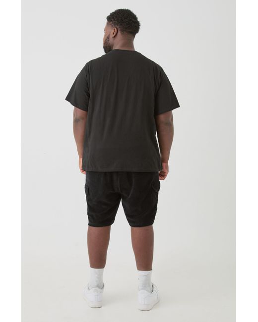 BoohooMAN Black Plus Elasticated Waist Velour Cargo Shorts for men