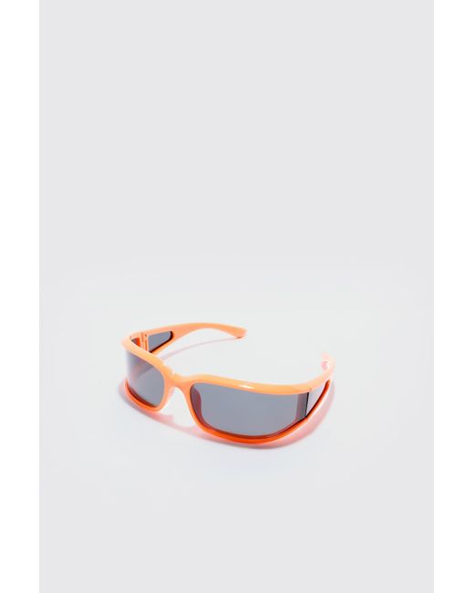 Boohoo White Wrap Around Rectangle Sunglasses In Orange