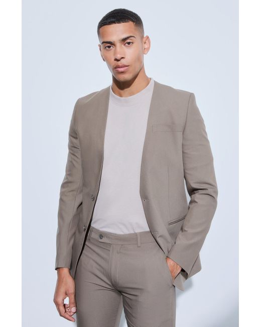 BoohooMAN Gray Skinny Fit Collarless Single Breasted Blazer for men
