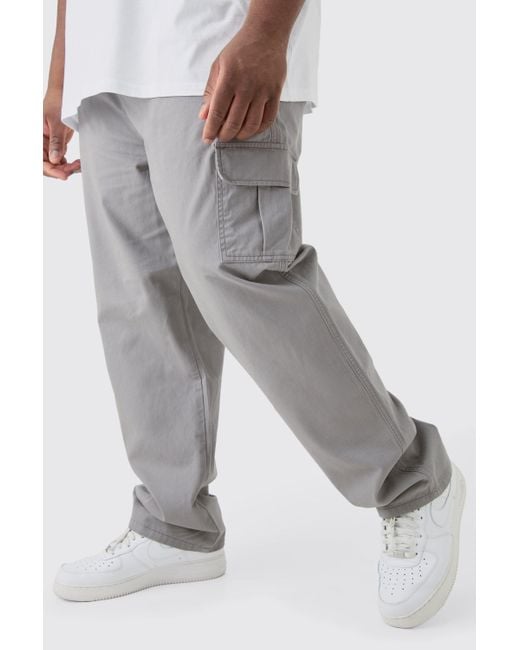 BoohooMAN Plus Fixed Waist Twill Straight Leg Cargo Tab Pants in Grey