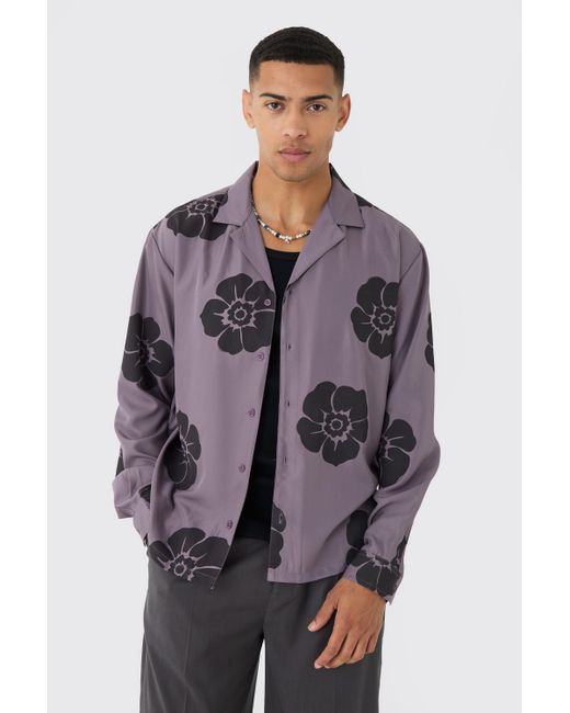 BoohooMAN Gray Oversized Floral Print Soft Twill Long Sleeve Shirt for men