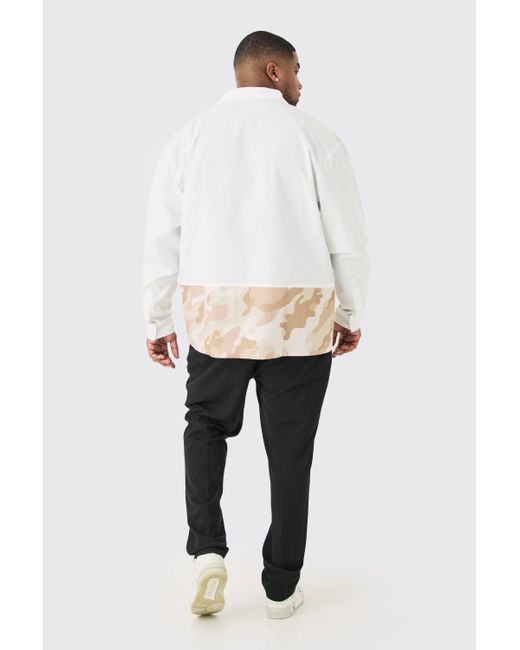 BoohooMAN White Plus Longsleeve Drop Revere Poplin Camouflage Print Shirt for men