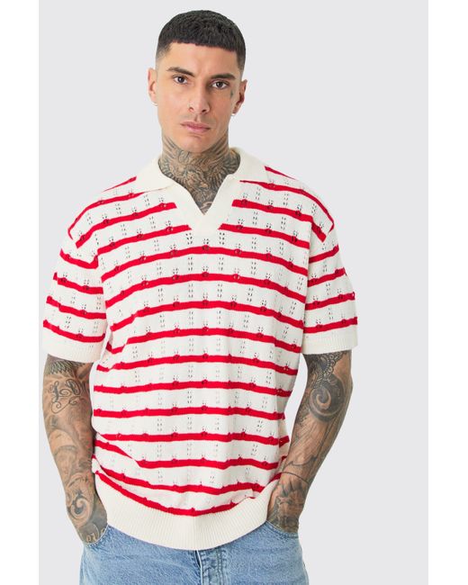 BoohooMAN Tall Short Sleeve Oversized Crochet Knit Stripe Polo In Red for men