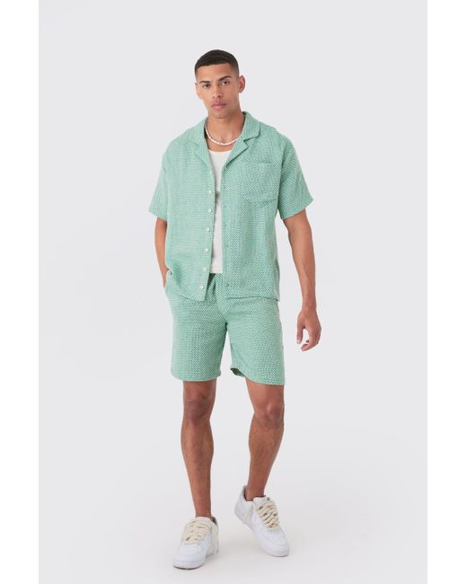 BoohooMAN Green Oversized Short Sleeve Open Weave Shirt & Short Set for men