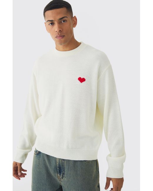 BoohooMAN White Oversized Boxy Heart Sweater for men