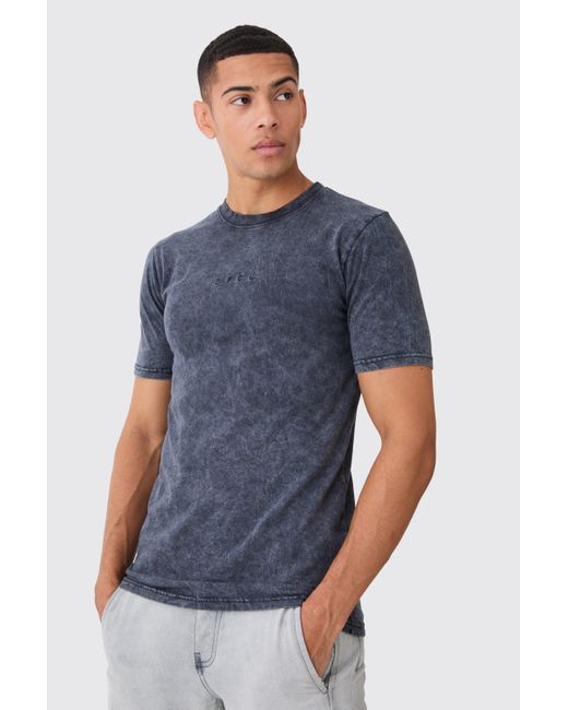 BoohooMAN Blue Muscle Fit Ofcl Acid Wash Crew Neck T-shirt for men