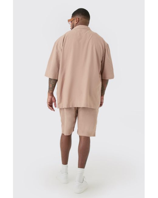 BoohooMAN Natural Plus Linen Oversized Revere Shirt In Taupe for men