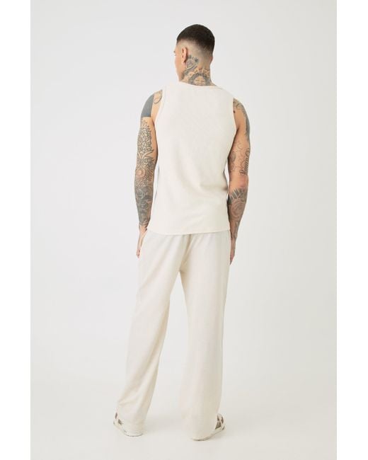 BoohooMAN White Tall Elasticated Waist Relaxed Linen Pants In Natural for men