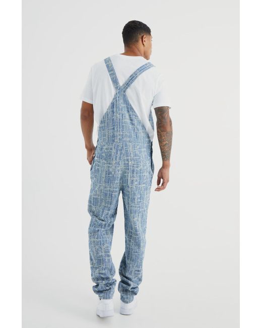 BoohooMAN Blue Relaxed Distressed Fabric Interest Dungaree for men