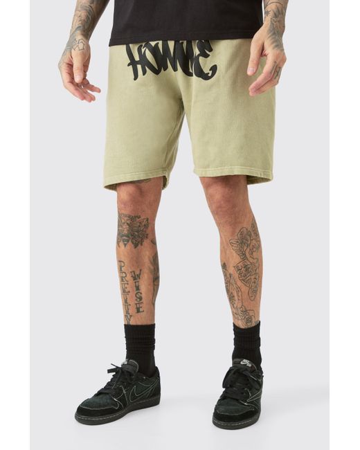 BoohooMAN Green Tall Loose Fit Overdye Graffiti Jersey Shorts for men