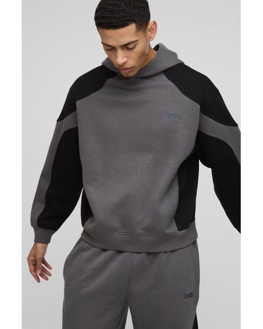BoohooMAN Kastiger Oversize Man Trainingsanzug mit Naht-Detail und Kapuze in Black für Herren