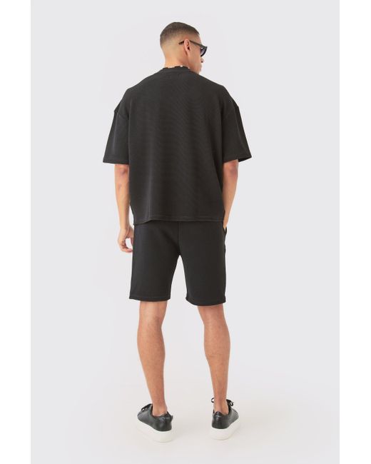 BoohooMAN Black Oversized Boxy Extended Neck Textured T-shirt for men