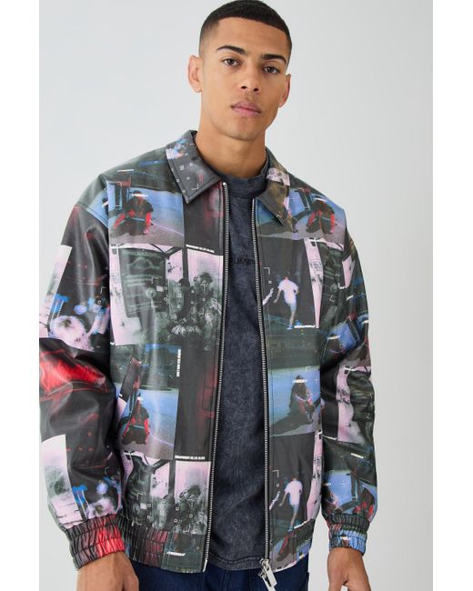 BoohooMAN Blue Oversized Collared Printed Bomber for men