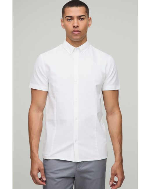 BoohooMAN White Slim Fit Button Down Collar Oxford Short Sleeve Shirt for men