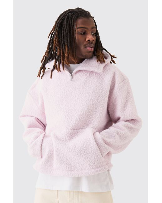 BoohooMAN Pink Oversized Boxy Boucle Borg 1/4 Zip Hoodie for men