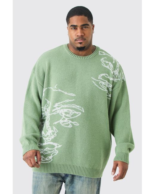 BoohooMAN Green Plus Oversized Knitted Line Drawing Drop Shoulder Jumper for men
