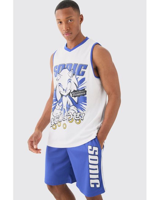 BoohooMAN Blue Oversized Sonic The Hedgehog License Tank And Short Set for men