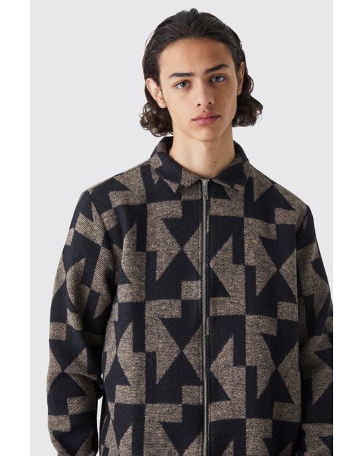 BoohooMAN Black Zip Through Brushed Geometric Overshirt for men