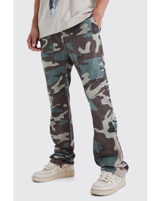 BoohooMAN Gray Tall Slim Stacked Gusset Flare Multi Cargo Camo Trouser for men