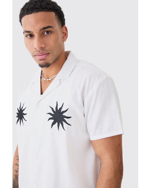 BoohooMAN White Oversized Linen Look Sun Embroidered Shirt for men