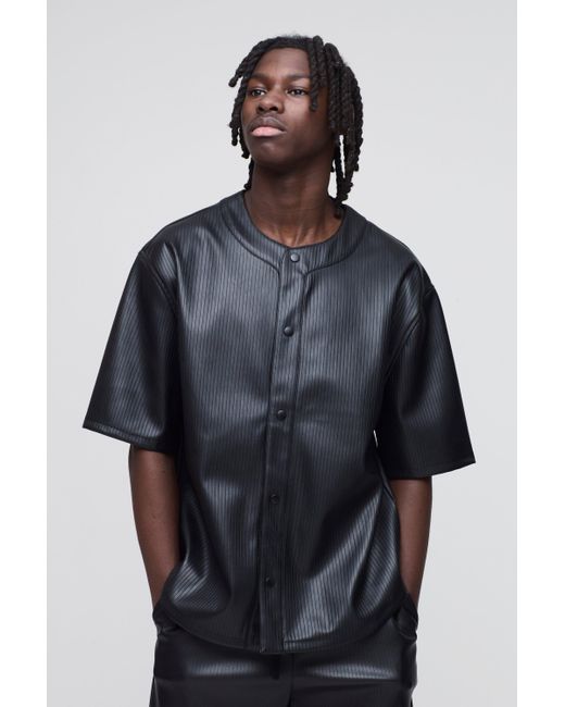 BoohooMAN Blue Oversized Embossed Pu Baseball Shirt for men