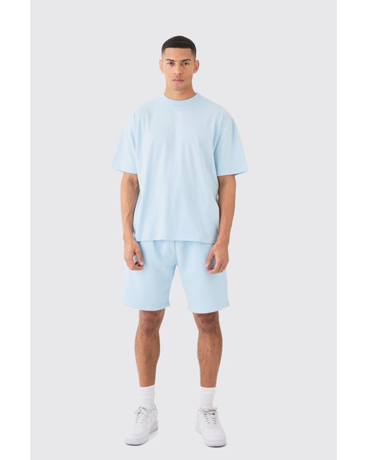BoohooMAN Man Oversized Extended Neck T-shirt And Relaxed Short Set in Blue für Herren