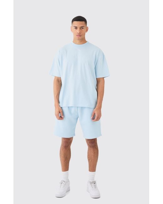 BoohooMAN Blue Oversized Extended Neck T-shirt And Relaxed Short Set for men