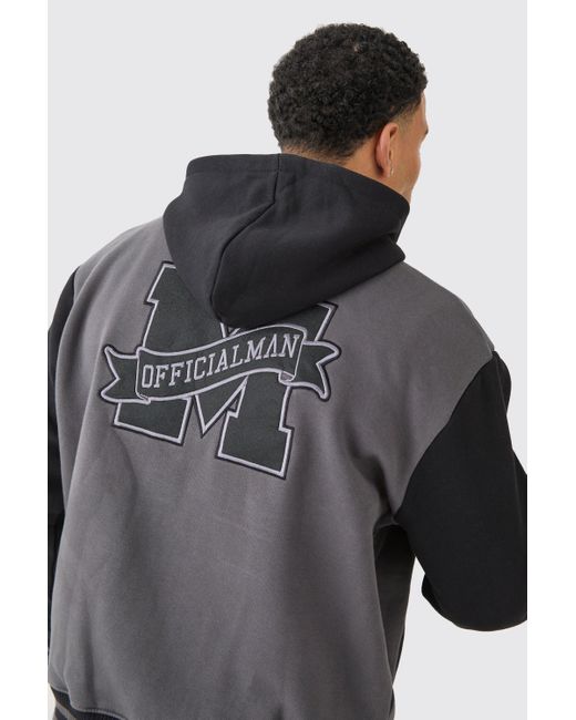 BoohooMAN Gray Oversized Varsity Applique Jersey Hooded Jacket for men