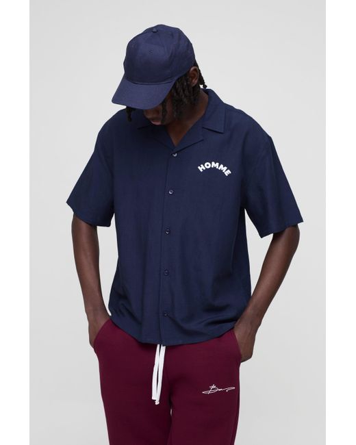 BoohooMAN Oversize Hemd im Leinen-Look mit Slogan-Print in Blue für Herren