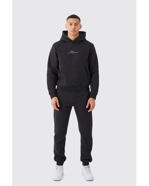 BoohooMAN Black Signature Boxy Hooded Tracksuit for men