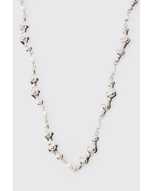 BoohooMAN White Pearl And Metal Necklace In Silver for men