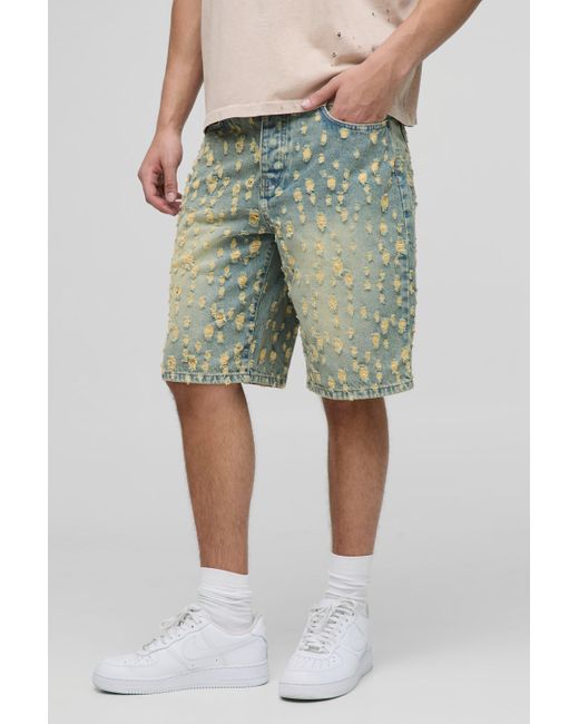 BoohooMAN Green Relaxed Long Length Tinted Ripped Jean Shorts for men